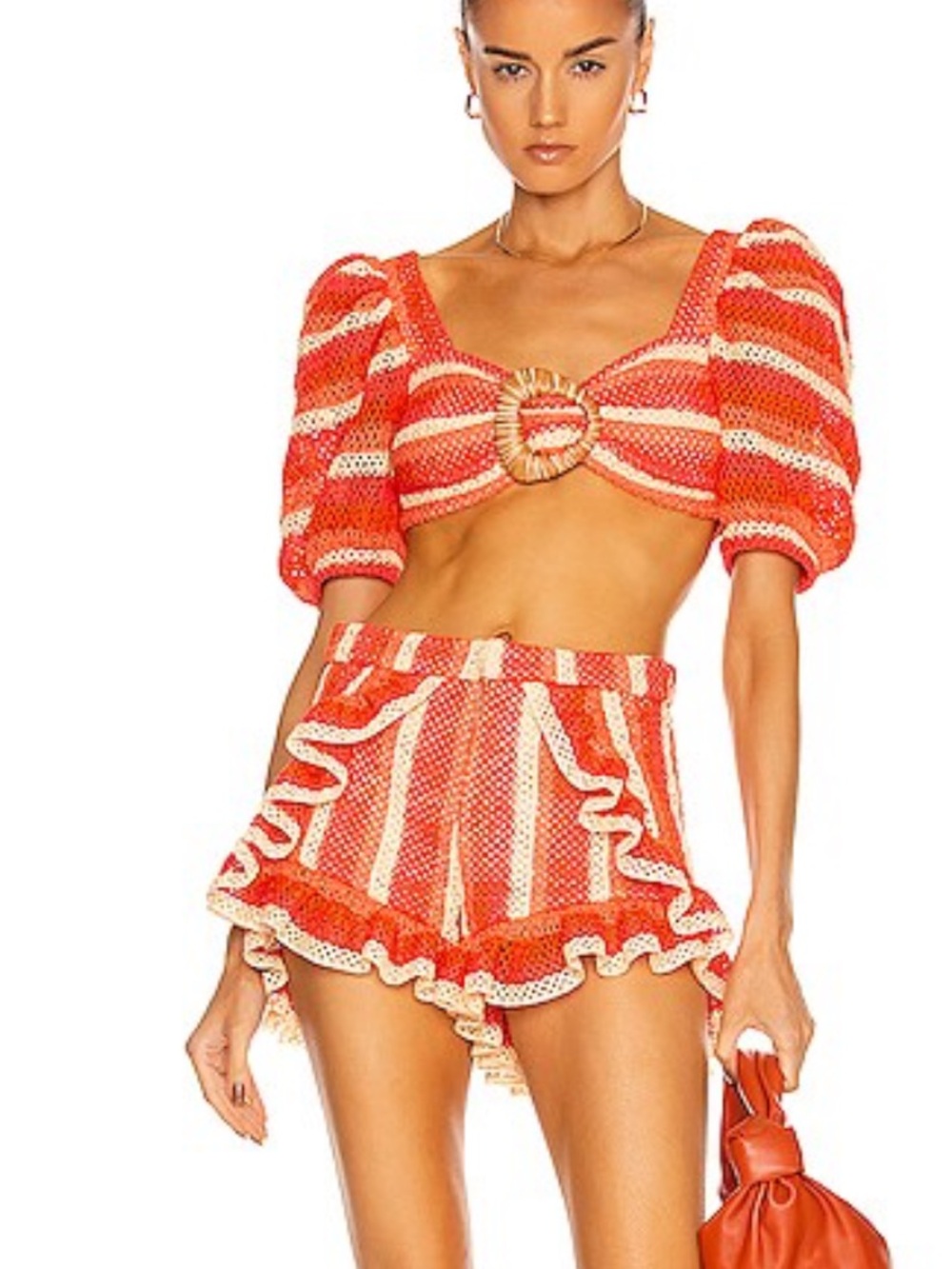 PatBO Orange and Cream Crochet Puff-Sleeve Crop Top & Ruffle Shorts Set - Picture 4 of 16